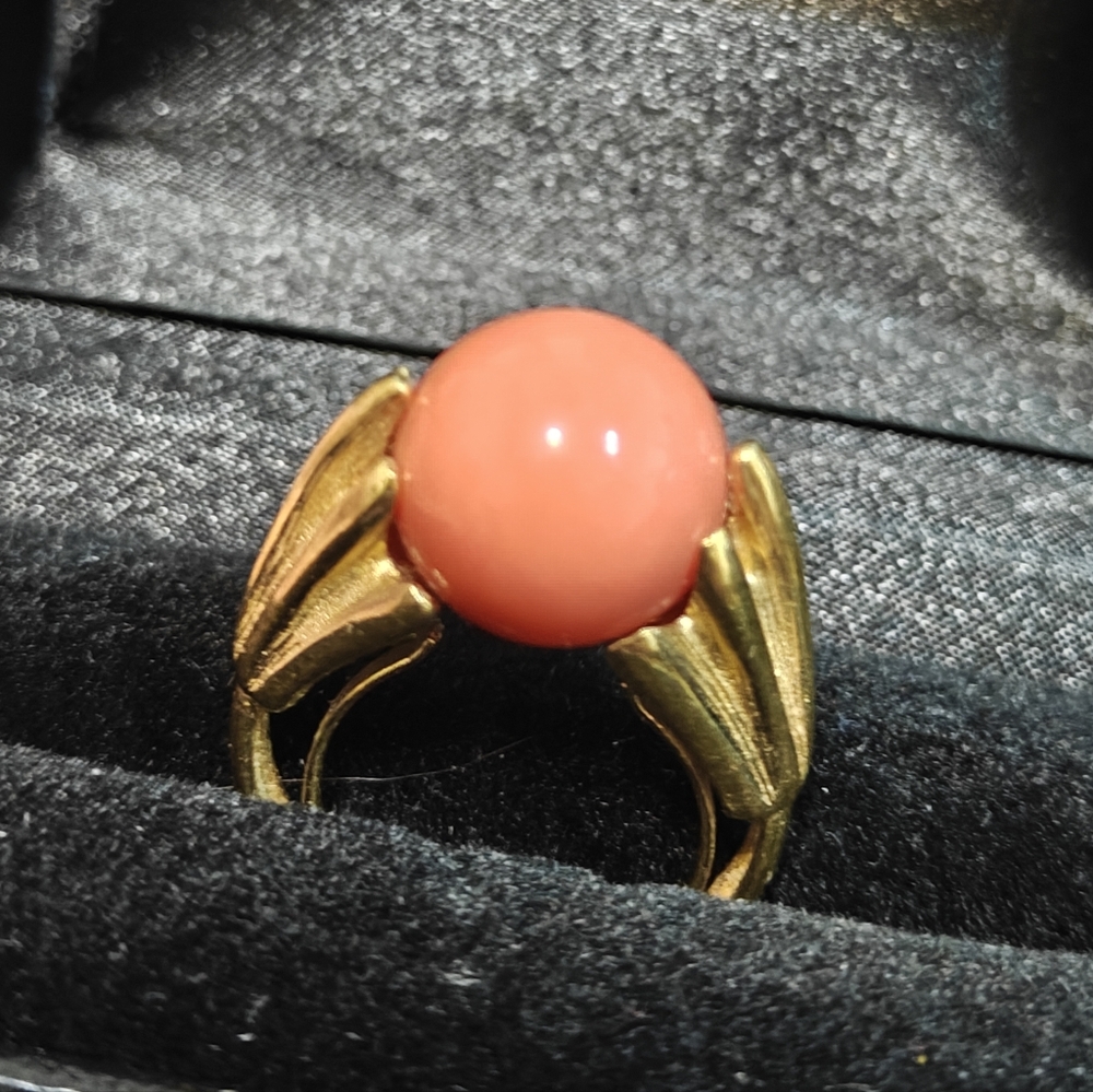 Vintage Brutalist Yellow Gold Plated High Dome Ring with Faux Pink Coral